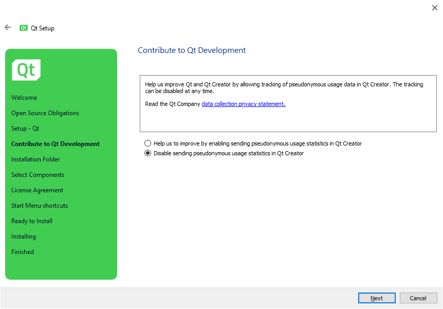 Zrzut ekranu przedstawia instalator Qt.  krok trzeci  Contribute to Qt Development.  W oknie zaznaczono opcję:  Disable sending pseudonymous usage statistics in Qt Creator  