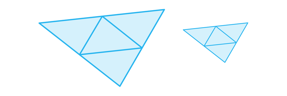 Ilustracja przedstawia dwie siatki czworościanu. Pierwsza z nich składa się z czterech trójkątów równobocznych, ułożonych w taki sposób, że di każdego boku trójkąta znajdującego się na środku przylega jeden trójkąt. Obok znajduje się mniejsza siatka i identycznym kształcie. 