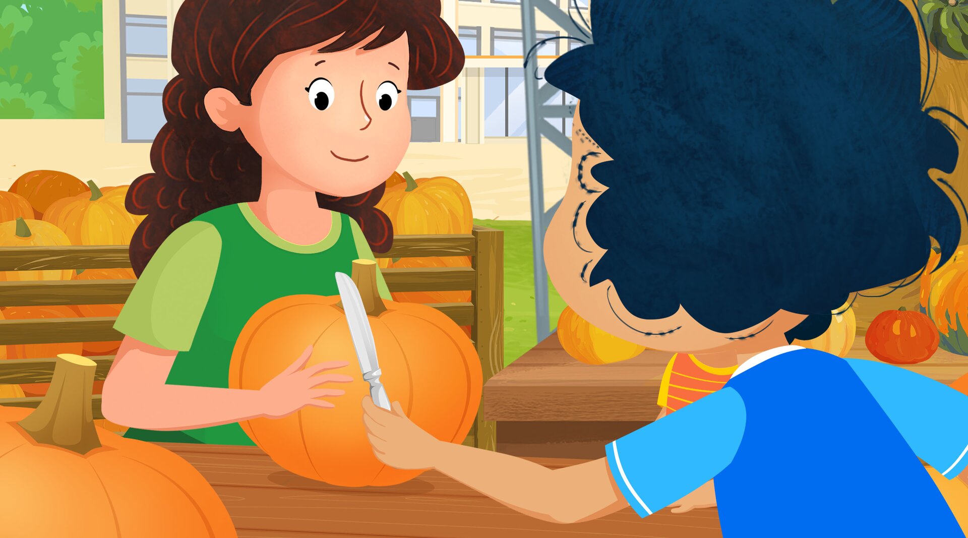 Na ilustracji znajduje się chłopiec podający nóż mamie.