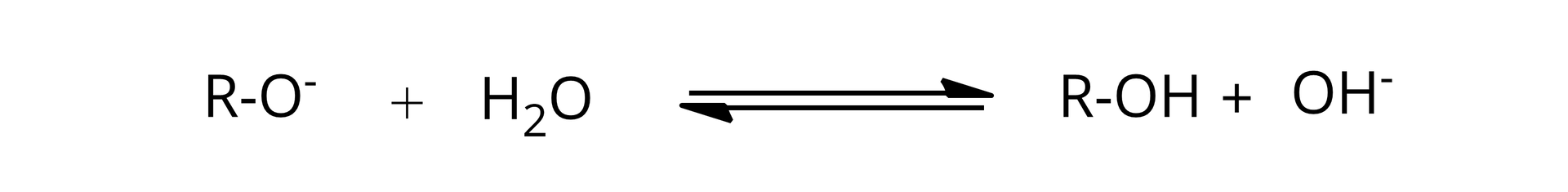 Ilustracja przedstawiająca równanie reakcji anionu alkoholanowego z wodą. Anion alkoholanowy RO- dodać cząsteczka wody H2O. Strzałki równowagowe, za strzałkami cząsteczka etanolu dodać anion hydroksylowy OH-.