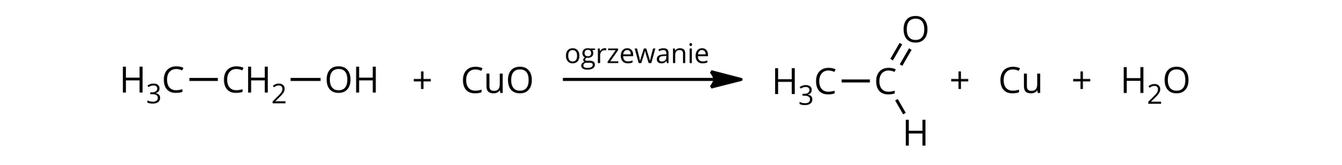 Na ilustracji znajduje się równanie reakcji utleniania etanolu przy użyciu tlenku miedzi(II). Cząsteczka etanolu dodać CuO, strzałka w prawo, opis: ogrzewanie, powstaje etanal dodać Cu dodać cząsteczka wody