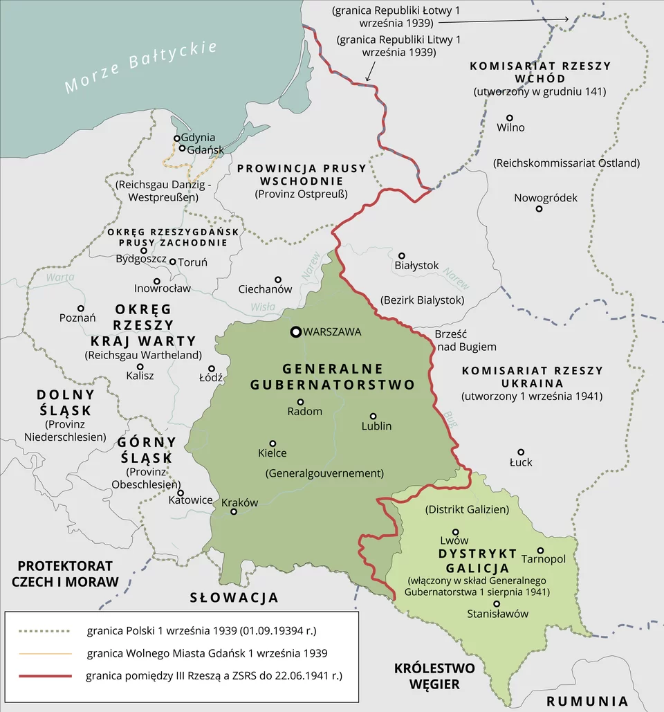 Mapa przedstawia podział administracyjny terenów Polski. W części niemieckiej została podzielona na prowincję Okręg Rzeszy - Gdańsk, Prusy Zachodnie z Bydgoszczą, Toruniem, Ciechanowem. Okręg Rzeszy - Kraj Warty z Inowrocławiem, Poznaniem, Kaliszem, Łodzią, Katowicami. Generalne Gubernatorstwo z Warszawą, Lublinem, Radomiem, Kielcami, Krakowem. W teren Niemiec wcześniej zostały włączone Dolby i Górny Śląsk oraz Prowincja Prusy Wschodnie. Gdańsk pozostawał wolnym miastem. Po stronie ZSRS znalazł się Komisariat Rzeszy Wschód utworzony w grudniu 1941 roku z Wilnem, Nowogródkiem, Białymstokiem. Komisariat Rzeszy Ukraina utworzony 1 września 1941 roku z Łuckiem. Dystrykt Galicja włączony w skład Generalnego Gubernatorstwa 1 sierpnia 1941 roku z Lwowem, Tarnopolem i Stanisławowem.