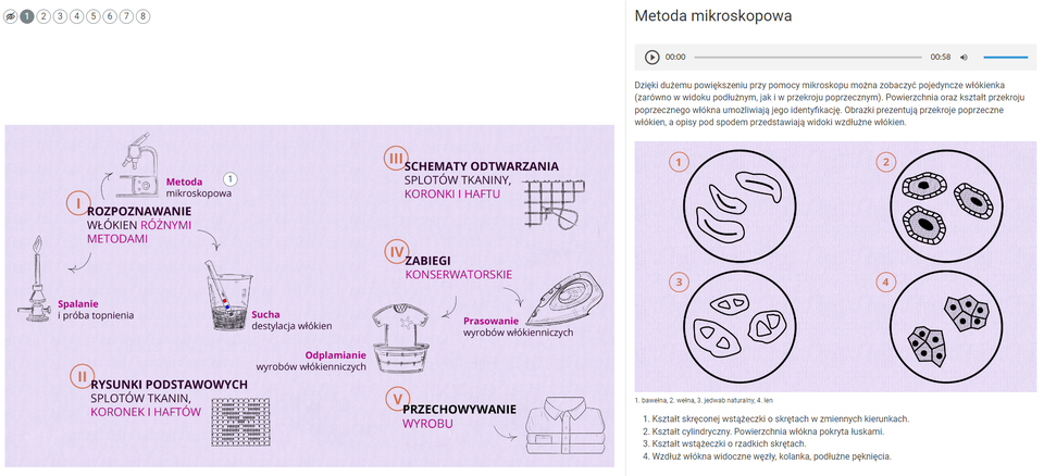 Grafika przedstawia widok na infografikę wraz z otwartym oknem z dodatkowymi informacjami. W lewym, górnym rogu znajduje się dziewięć okrągłych pól. W pierwszym jest rysunek przekreślonego oka, a w pozostałych cyfry od jeden do osiem. Na grafice wyszczególnionych jest pięć etapów: Rozpoznawanie włókien różnymi metodami, rysunki podstawowych splotów tkanin, koronek i haftów, schematy odtwarzania splotów tkanin, koronek i haftów, zabiegi konserwatorskie oraz przechowywanie wyrobu. W prawej górnej części ilustracji znajduje się napis Rozpoznawanie włókien różnymi metodami, który jest oznaczony rzymską liczbą jeden. Od niego odchodzą trzy strzałki; pierwsza w górę, w kierunku rysunku mikroskopu z napisem Metoda mikroskopowa i punktem interaktywnym 1, druga strzałka prowadzi w dół i w lewo do rysunku palnika z podpisem: Spalanie i próba topienia, natomiast trzecia strzałka prowadzi w dół i w prawo do rysunku przedstawiającego szklankę z cieczą i włożonego do niej papierka lakmusowego z podpisem sucha destylacja włókien. W lewej dolnej części grafiki znajduje się drugi etap oznaczony rzymską liczbą dwa i opisem rysunki podstawowych splotów tkanin. Przy nim jest umieszczony przykładowy rysunek koronki filetowej. W prawej górnej części znajduje się trzeci etap oznaczony rzymską liczbą trzy, opisany jako schematy odtwarzania splotów tkanin, koronek i haftów. Przy nim jest umieszczony przykładowy rysunek przedstawiający odtworzenie koronki igłowej. Po prawej stronie grafiki, w środkowej jej części umieszczono etap oznaczony rzymską liczbą sześć, z napisem zabiegi konserwatorskie. Od napisu odchodzą dwie strzałki; pierwsza prowadząca w dół i w lewo do rysunku zabrudzonej koszulki męskiej wkładanej do miski, opisanej jako odplamianie wyrobów włókienniczych. Druga strzałka prowadzi w dół i w prawo do rysunku żelazka opisanego jako prasowanie wyrobów włókienniczych. W prawej dolnej części grafiki umieszczono ostatni etap oznaczony rzymską liczbą pięć opisany jako przechowywanie wyrobu. Umieszczono przy nim rysunek złożonych w kostkę trzech koszul ułożonych jedna na drugiej.Po prawej stronie okno z dodatkowymi informacjami. W górnej części nagłówek: Metoda mikroskopowa. Poniżej odtwarzacz audio. Z lewej strony odtwarzacza znajduje się ikona trójkąta wpisanego w koło. - Służy do włączenia nagrania. Obok znajduje się informacja o czasie odtworzonego fragmentu - zero minut i zero sekund. Obok jest pasek, dzięki któremu można zaznaczyć konkretny moment nagrania do otworzenia. Po prawej stronie paska znajduje się informacja o całkowitej długości nagrania - dwadzieścia dwie sekundy. W prawej części odtwarzacza znajduje się ikona głośnika służąca do wyłączenia/włączenia dźwięku oraz pasek, na którym można ustawić odpowiedni poziom głośności. Pod odtwarzaczem opis: Dzięki dużemu powiększeniu przy pomocy mikroskopu można zobaczyć pojedyncze włókienka (zarówno w widoku podłużnym, jak i w przekroju poprzecznym). Powierzchnia oraz kształt przekroju poprzecznego włókna umożliwiają jego identyfikację. Obrazki prezentują przekroje poprzeczne włókien, a opisy pod spodem przedstawiają widoki wzdłużne włókien. Pod opisem grafika obrazująca przekroje poprzeczne włókien. Pierwszy przekrój to bawełna, drugi to wełna, trzeci to jedwab naturalny, a czwarty to len. Pod grafiką opisy:Kształt skręconej wstążeczki o skrętach w zmiennych kierunkach.Kształt cylindryczny. Powierzchnia włókna pokryta łuskami.Kształt wstążeczki o rzadkich skrętach.Wzdłuż włókna widoczne węzły, kolanka, podłużne pęknięcia. 