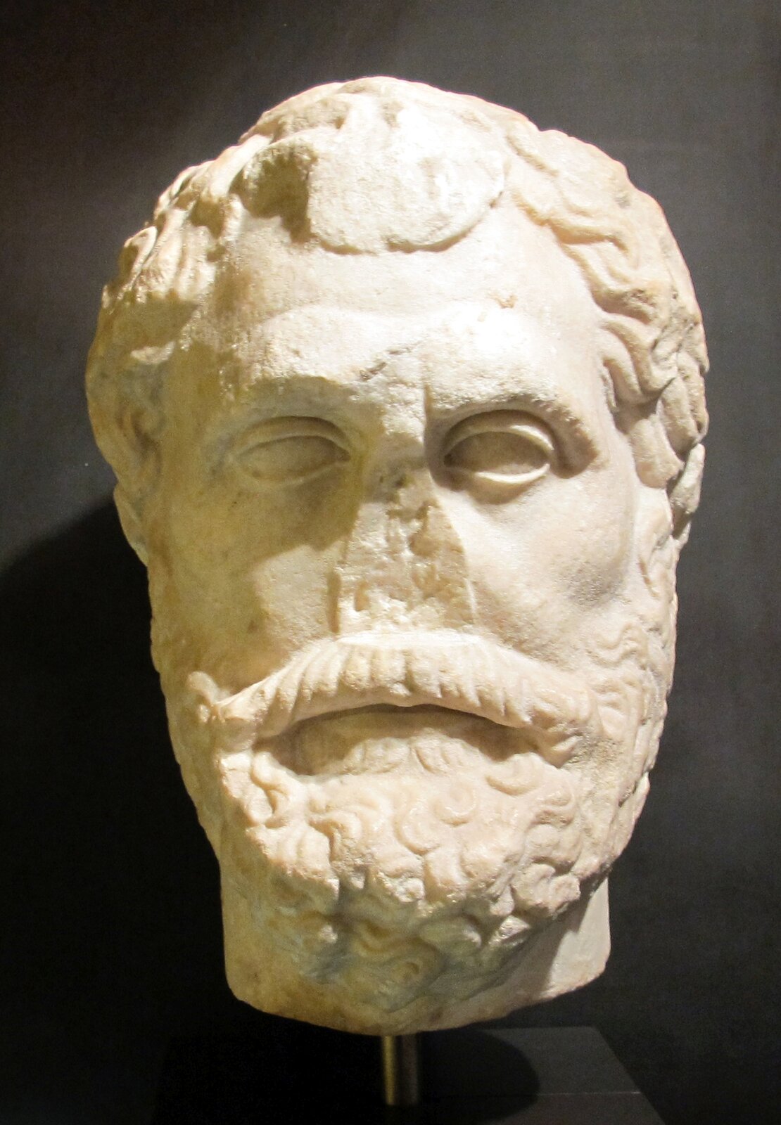 Ilustracja przedstawia rzeźbę wykonaną z białego marmuru. Jest to głowa Talesa z Miletu. Uczony ukazany jest jako dojrzały mężczyzna. Ma pociągłą twarz, krótkie włosy oraz zarost. Rzeźba jest częściowo uszkodzona – ma utrącony nos.