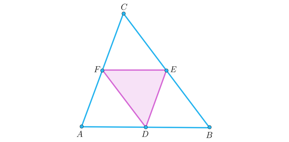 Na ilustracji przedstawiono trójkąt A B C. Punkt D stanowi środek boku AB. Punkt E stanowi środek boku BC. Punkt F stanowi środek boku AC. Połączono punkty D, E, F i otrzymano cztery trójkąty. 