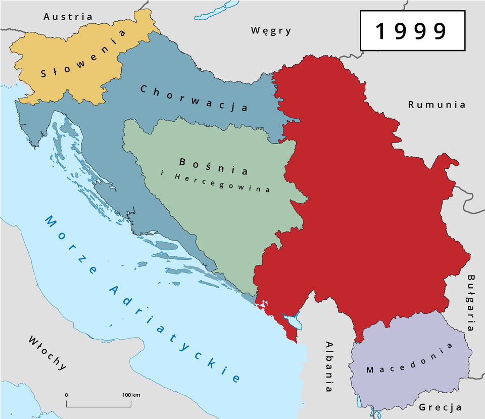 Mapa przedstawia dalszy etap rozpadu Jugosławii w 1999 roku. Wyodrębniło się nowe państwo położone obok Chorwacji – Bośnia i Hercegowina. Chorwacja sąsiaduje z tym krajem od północy, zachodu i południa, od wschodu na mapie widoczne są pozostałe po rozpadzie tereny Jugosławii. 