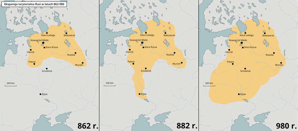 Trzy mapy przedstawiają ekspansję terytorialną Rusi od 862 do 980 roku.  W 862 roku Ruś kontrolowała takie miasta jak Nowogród Wielki, Stara Ładoga, Biełoziersk, Izborsk, Połock, Rostów, Murom oraz Stara Russa.  W 882 roku kontrolowała już takie miasta jak Smoleńsk czy Kijów.  W 890 roku kontrolowała obszar dzisiejszej Białorusi, północnej Ukrainy i zachodniej Rosji. 