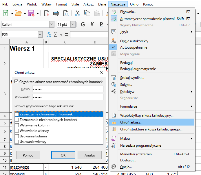 Ilustracja przedstawia arkusz. Z menu wybrano opcję Narzędzia. Z listy wybrano Chroń arkusz. Zaznaczono Autouzupełnianie. Obok listy małe okno o nazwie Chroń arkusz. Tam wpisane hasło. W opcji o nazwie: Pozwól użytkownikom tego arkusza na: zaznaczono: Zaznaczanie chronionych komórek. Zastosowano przycisk OK.   