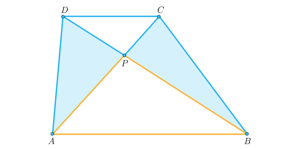 Na ilustracji przedstawiono trapez A B C D, o podstawach A B i C D. Zaznaczono przekątne A C, oraz D B, które przecinają się w punkcie P. Żółtym kolorem  obrysowano trójkąt A P B.