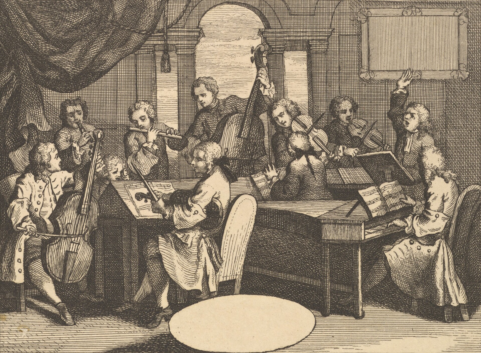 Ilustracja przedstawia grawer ukazujący muzyków w trakcie gry na różnych instrumentach (między innymi na skrzypcach, flecie, wiolonczeli oraz fortepianie). Muzycy znajdują się w pomieszczeniu i posiadają stroje barokowe. Jeden z nich (prawdopodobnie dyrygent) unosi rękę do góry. 