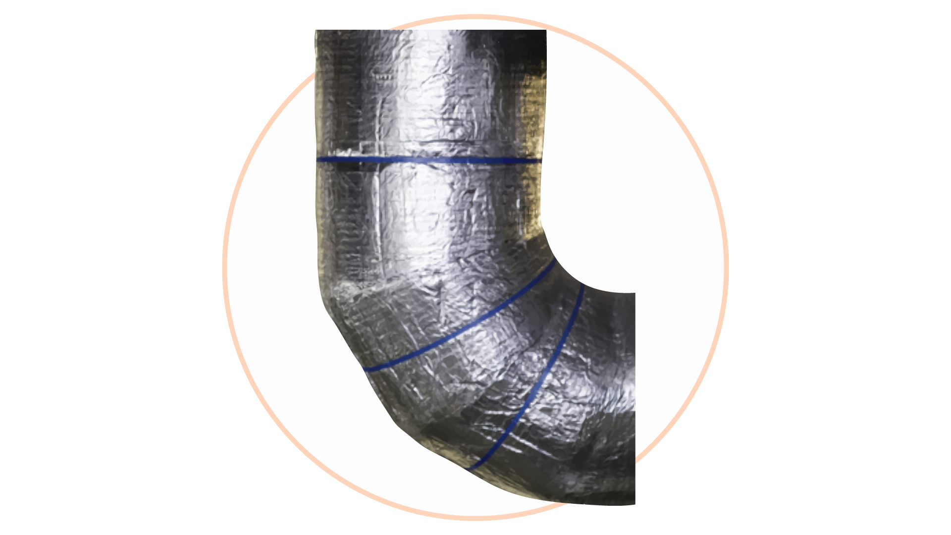 Grafika przedstawia błędnie wykonaną izolację zimnochronną rurociągu - brak obudowy z blachy. Grafika zawiera fragment rurociągu, który zmienia kierunek z poziomego na pionowy. Rurociąg pokryty jest tylko wełną mineralną i folią izolacyjną.