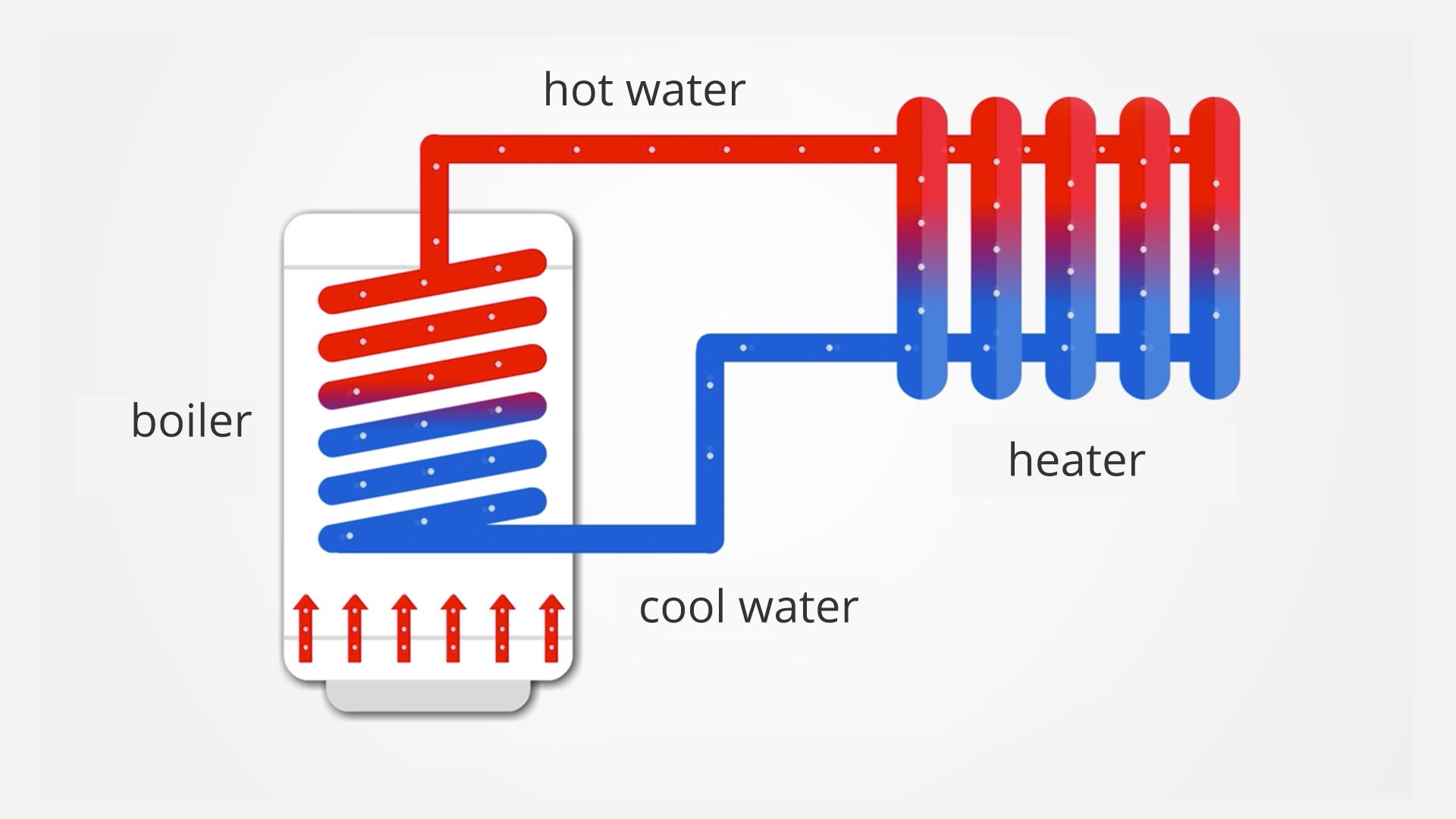 Ilustracja przedstawia po prawej prostokąt symbolizujący bojler, opisany boiler. W nim na dole sześć czerwonych strzałek skierowanych pionowo do góry. Po prawej stronie rysunku prostokąty z zaokrąglonymi rogami symbolizujące kaloryfer żeberkowy, w dolnej części pomalowane na niebiesko, w górnej na czerwono. Na dole linia niebieska pozioma łączy kaloryfer z bojlerem opisana cold water, na górze linia czerwona pozioma łączy kaloryfer z bojlerem opisana hot water. W bojlerze linie ukośne od góry czerwone przechodzące w niebieskie na dole.  