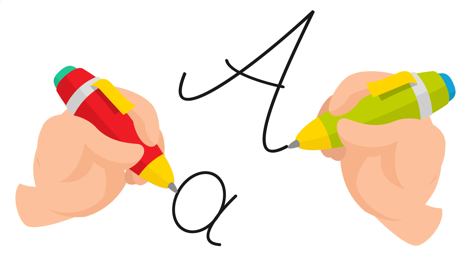 Ilustracja przedstawia ręce trzymające długopisy, które piszą literki.