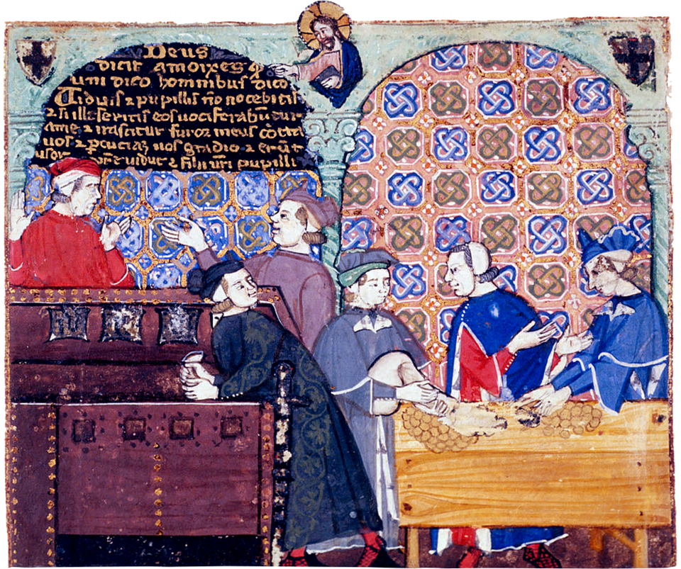 Ilustracja przedstawia średniowieczny bank. Widzimy sześciu mężczyzn zgromadzonych w niewielkim pomieszczeniu. Trzech z nich liczy monety rozłożone na drewnianym stole. Obok stoi mężczyzna z małą sakiewką w ręku, a za nim rozmawia dwóch pozostałych. Powyżej napisy w języku łacińskim.