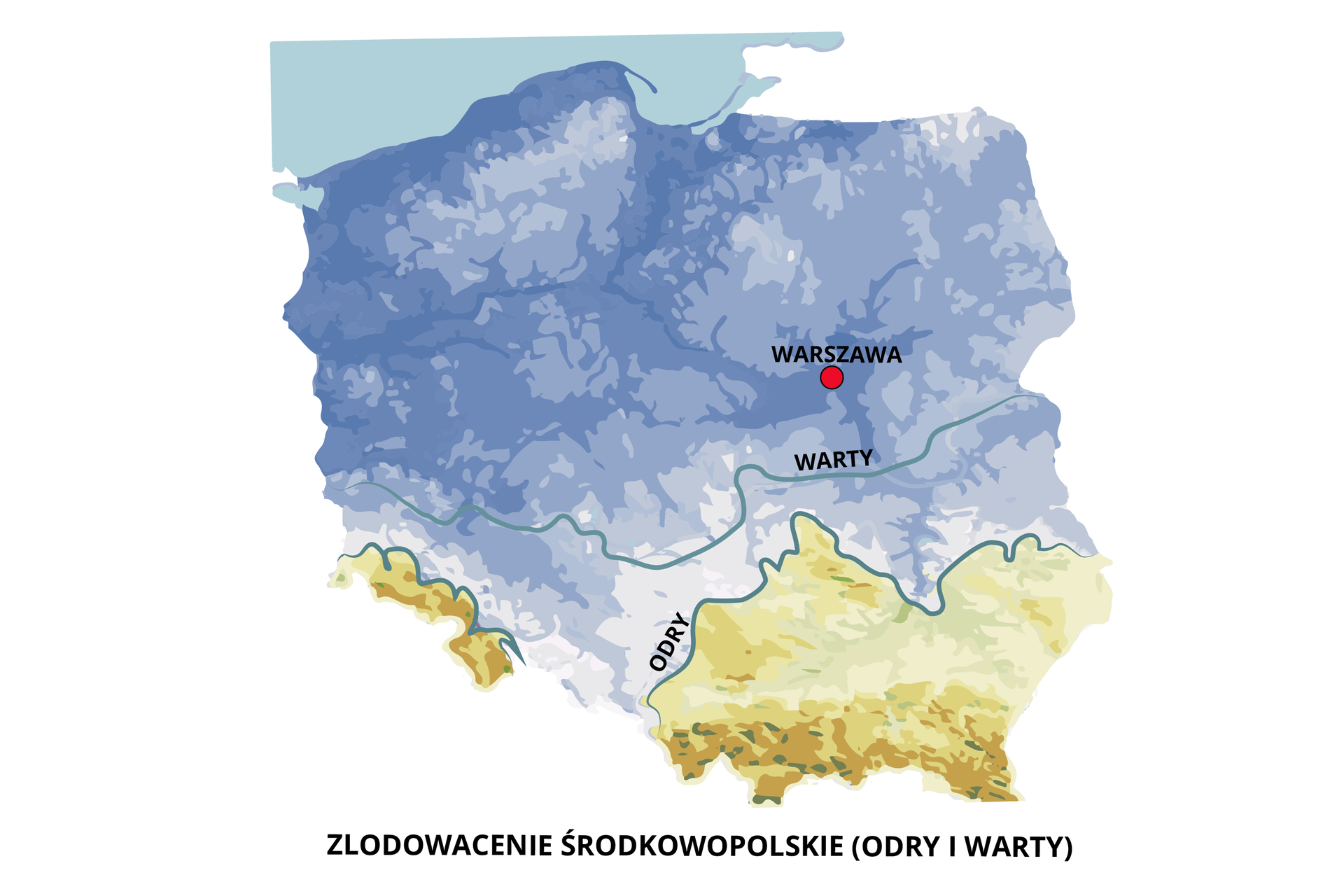 Mapa przedstawia zasięg lądolodu zlodowaceń środkowopolskich (Odry i Warty). Obejmował on północną i środkową część Polski aż do Niziny Mazowieckiej i Śląskiej.