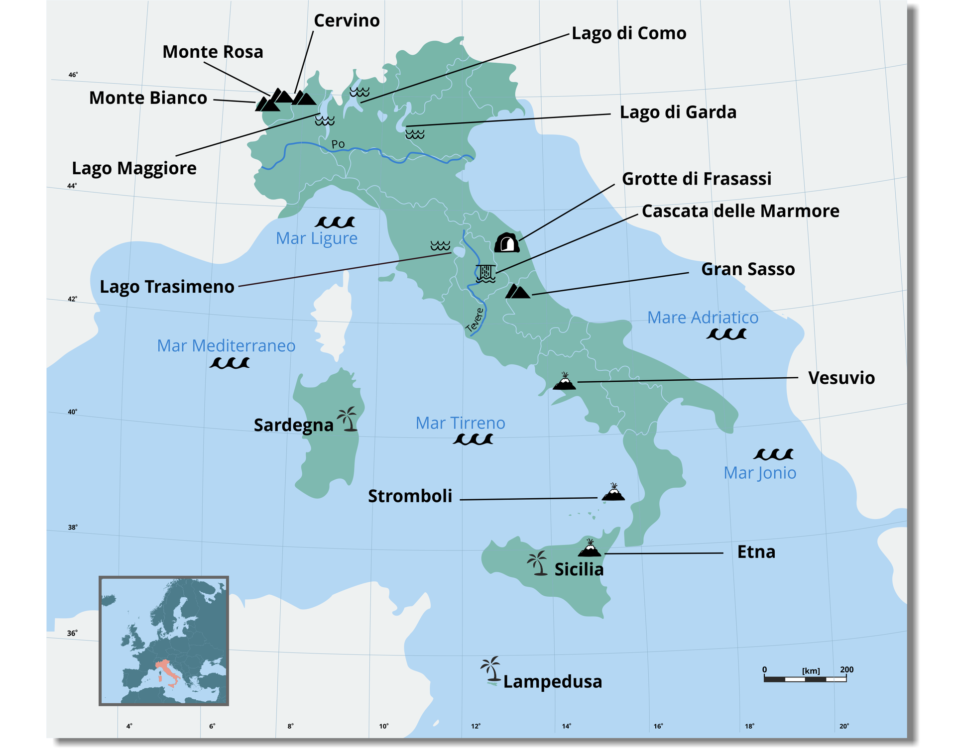 Grafika przedstawia mapę Włoch. Na mapie naniesione są nazwy włoskich wysp, gór, jezior, jaskiń, wulkanów, rzek, wodospadów oraz mórz otaczających Włochy: mare Adriatico, mar Ionio, mar Ligure, mar Tirreno, mar Mediterraneo, Sicilia, Sardegna, Lampedusa, Monte Bianco, Monte Rosa, Cervino, Gran Sasso, Etna, Vesuvio, Stromboli, Po, lago di Garda, lago Maggiore, lago di Como, Iago Trasimeno, Cascata delle Marmore, Grotte di Frasassi.
