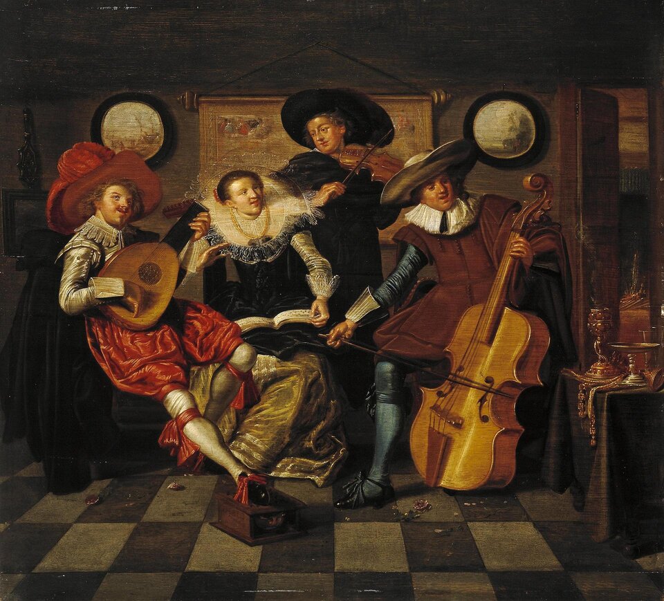 Ilustracja przedstawia dzieło Dircka Halsa pt. „Zespół kameralny w epoce baroku”. Trzech mężczyzn w strojach barokowych gra na instrumentach muzycznych. Wśród nich siedzi kobieta, która ma długą suknię z dużym, białym kołnierzem.