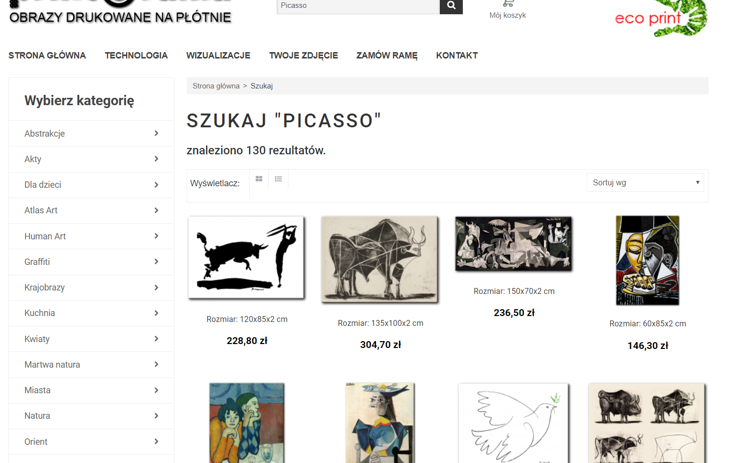 Ilustracja przedstawia stronę internetową sklepu, oferującego obrazy drukowane na płótnie. Ukazane są oferty obrazów wraz z cenami. Przedstawione są obrazy malarza Pabla Picassy.