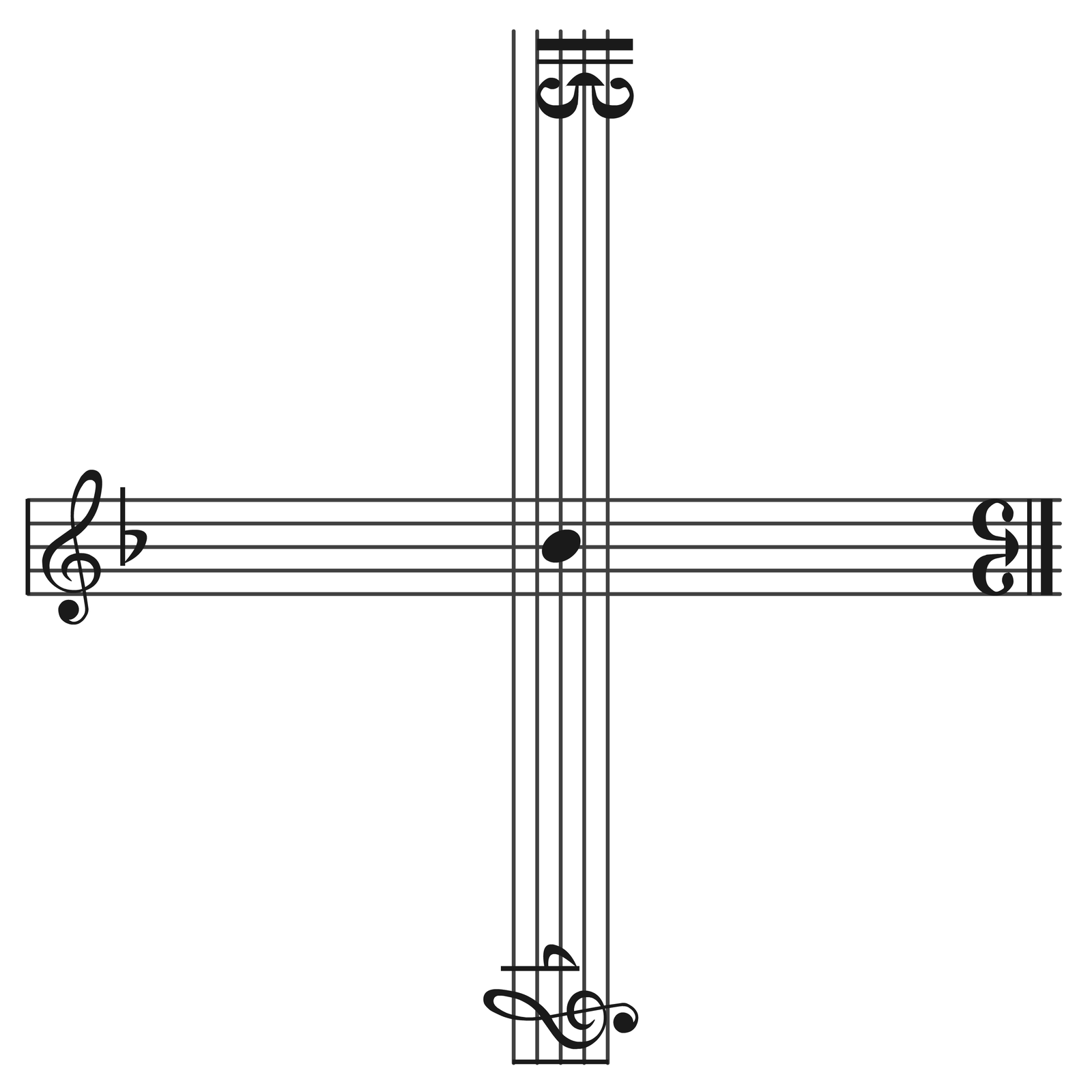 Figura w kształcie krzyża, która prezentuje 4 dźwięki, klucze i grupę.