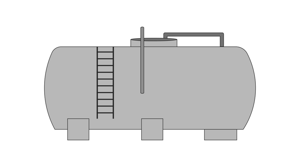 Ilustracja przedstawia poziomo zorientowany pojedynczy zbiornik magazynowy o kształcie cylindrycznym. Zatem koła będące podstawami walcowatej konstrukcji zorientowane są pionowo - po prawej i po lewej stronie ilustracji. Zbiornik wsparty jest na trzech podporach. Po lewej stronie zamontowana jest drabinka, umożliwiająca dostęp do górnej części oraz do wnętrz zbiornika. Na środku w górnej części znajduje się walcowaty element o niedużej wysokości, którego dolna podstawa połączona jest z główną cylindryczną częścią zamontowaną poziomo. Od małej walcowatej części poprowadzony jest na nieznaczną wysokość ku górze rurociąg, który następnie skręca w prawo. Jest zorientowany poziomo i kieruje się do dołu za zbiornik.
