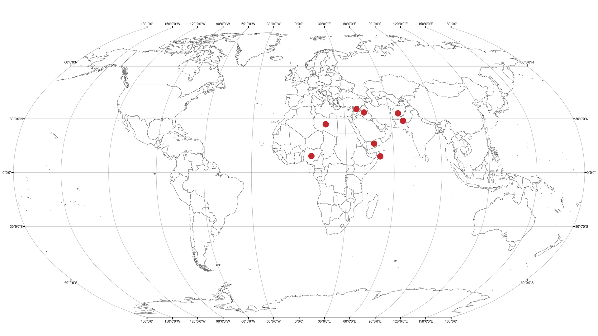 Na mapie świata zaznaczono miejsca w Afganistanie, Pakistanie, Iraku, Syrii, Jemenie, Somalii, Libii, Nigerii.