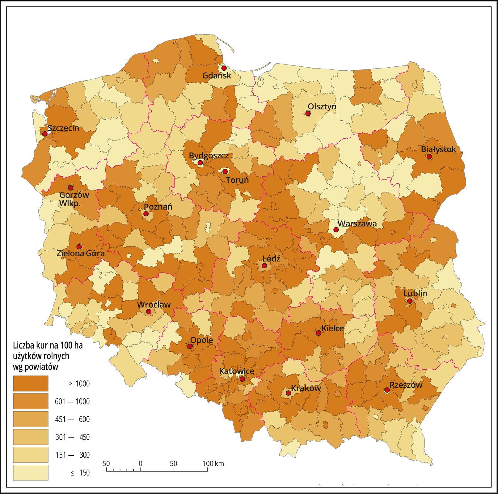 Mapa Polski przedstawia chów kur według powiatów. Ponad 1000 kur oraz od 601 do 1000 kur na 100 hektarów użytków rolnych wystąpiło w każdym województwie. Od 451 do 600 kur wystąpiło w okolicy Łodzi, Katowic, na Podkarpaciu. Od 301 do 450 kur wystąpiło na Pomorzu, w Wielkopolsce, w okolicy Kielc, Lublina. Od 151 do 300 kur wystąpiło w każdym województwie. Poniżej 150 kur wystąpiło w okolicy Warszawy, Olsztyna, pod Wrocławiem.