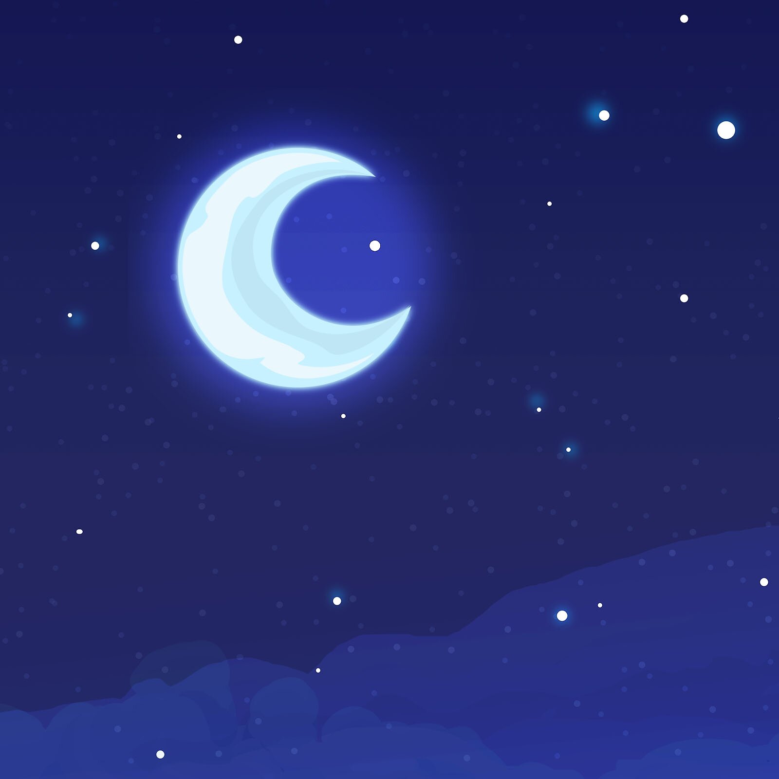 Ilustracja przedstawia księżyc i gwiazdy na nocnym niebie.