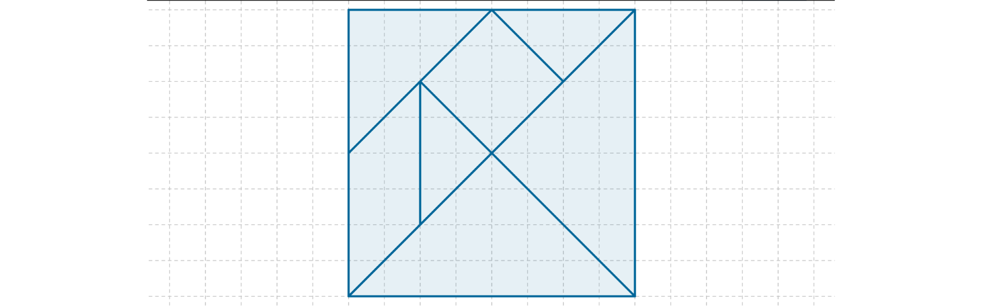 Rysunek kwadratu (tangramu) podzielonego na 2 duże trójkąty, 1 średni trójkąt, 2 małe trójkąty, kwadrat i równoległobok.