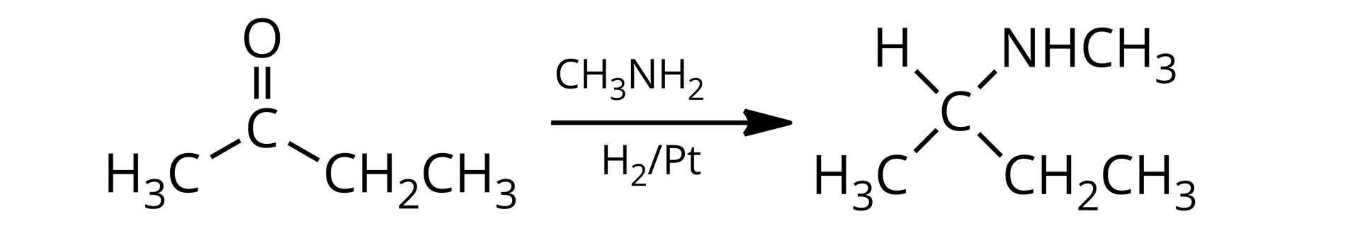 Ilustracja przedstawiająca równanie reakcji chemicznej. Cząsteczka związku karbonylowego zbudowanego z atomu węgla połączonego za pomocą wiązania podwójnego z atomem tlenu oraz za pomocą wiązań pojedynczych z podstawnikiem metylowym CH3 i z podstawnikiem etylowym CH2CH3. Strzałka w prawo, nad strzałką wzór metyloaminy zbudowanej z grupy metylowej CH3 połączonej z grupą aminową NH2. Pod strzałką wodór H2 na platynie Pt. Za strzałką cząsteczka aminy zbudowana z atomu węgla połączonego za pomocą wiązań pojedynczych z następującymi podstawnikami. Metylowym CH3,  etylowym CH2CH3, z atomem wodoru oraz z atomem azotu połączonym z podstawnikiem metylowym CH3 oraz z atomem wodoru. 