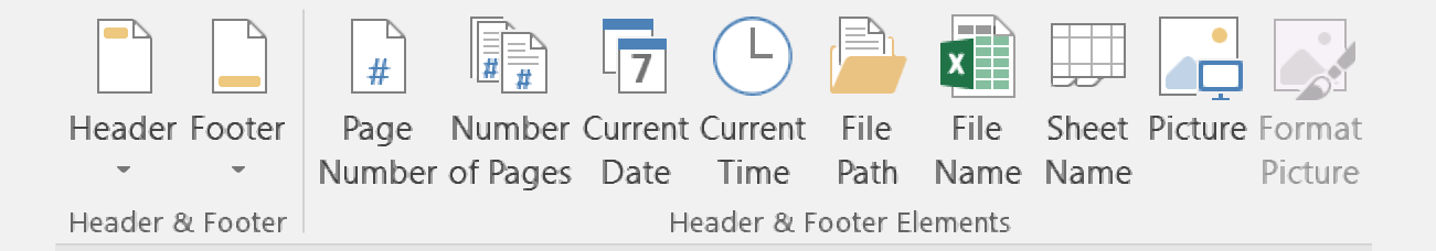 Zrzut ekranu przedstawia elementy umożliwiające wstawienie i formatowanie nagłówka i stopki. Po lewej stronie w sekcji Header &amp; Footer dwa menu umożliwiające wstawienie predefiniowanych: nagłówka - Header oraz stopki - Footer. Po prawej stronie w sekcji Header &amp; Footer Elements znajdują się przyciski umożliwiające wstawienie numerów stron - Page Number, liczby stron - Number of Pages, bieżącej daty - Current Date, bieżącej godziny - Current Time, ścieżki pliku - File Path, nazwy pliku - File Name, nazwy arkusza - Sheet Name, obrazu - Picture, formatowanie wstawionego obrazu - Format Picture. 