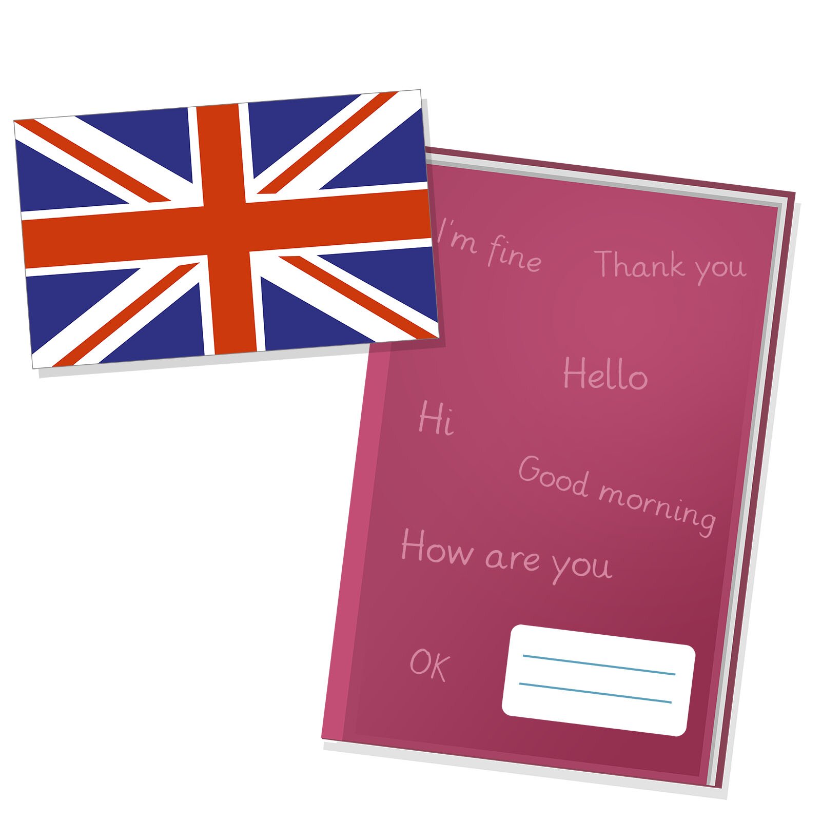 Ilustracja flagi angielskiej oraz zeszytu ze słówkami angielskimi na okładce. Słowa przywitania, podziękowania oraz zapytania jak się masz.
