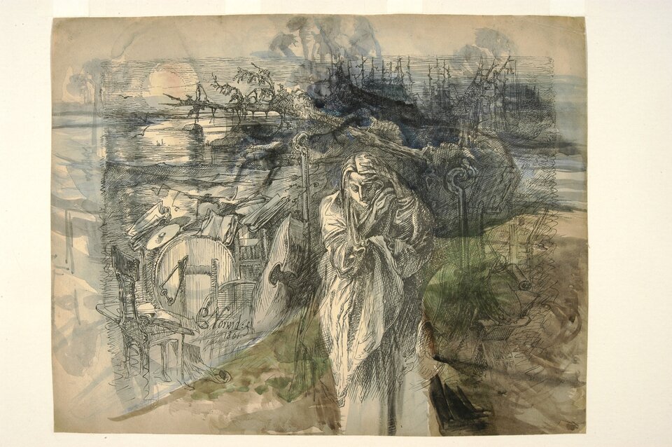 Obraz prezentuje postać kobiety stojącej nad brzegiem wody. W pobliżu widać przewrócone drzewo, leżące w wodzie.