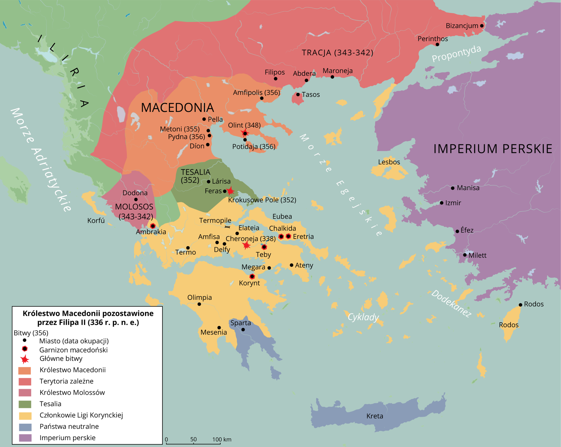 Mapa przedstawiająca Królestwo Macedonii pozostawione przez Filipa Drugiego (336 rok przed naszą erą). Ukazane jest: 1. Królestwo Macedonii na Półwyspie Bałkańskim, na terenie którego odbyły się bitwy Metonii (355 rok przed naszą erą), Pydnie (356 rok), Olincie (348 rok), Potidaji (356 rok), Amfipolis (356 rok). 2. Terytoria zależne od Macedonii, czyli Tracja (w latach 343‑342). 3. Królestwo Molosów (lata 343‑342). Tesalia (rok 352), gdzie rozegrała się bitwa na Krokusowym Polu (352 rok). 4. Członkowie Ligi Korynckiej (południowa część Półwyspu Bałkańskiego) z miastami: Termo, Termopile, Amfisa, Delfy, Elateia, Megara, Ateny, Korynt, Olimpia, Mesenia, wyspa Rodos, Cyklady i wyspy Morza Egejskiego. Na tym obszarze znajdowały się garnizony macedońskie w Ambrakii, Tebach, Koryncie, Eretrii. Tu także rozegrała się w 338 roku bitwa pod Cheroneją. 5. Państwa neutralne, czyli Sparta i Kreta. 6. Imperium perskie.