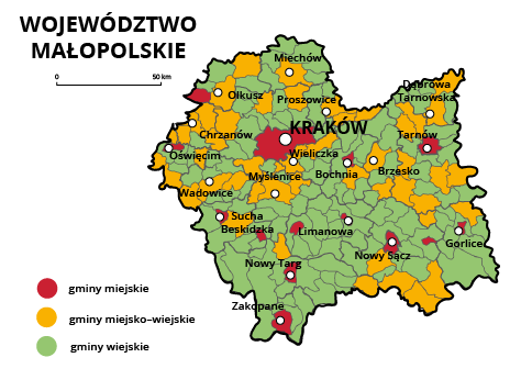 Mapa województwa małopolskiego. Na mapie szarymi liniami zaznaczono granice powiatów ziemskich, białymi kropkami zaznaczono miasta będące stolicami powiatów. W obrębie powiatów ziemskich kolorami wyróżniono gminy miejskie (na czerwono), miejsko‑wiejskie (na żółto) i wiejskie (na zielono). Stolicą województwa jest Kraków. Stolicami gmin miejskich są Kraków, Bochnia, Limanowa, Nowy Targ, Tarnów, Nowy Sącz, Gorlice, Zakopane, Sucha Beskidzka. Stolicami gmin miejsko‑wiejskich są Miechów, Proszowice, Dąbrowa Tarnowska, Chrzanów, Brzesko, Wieliczka, Myślenice, Olkusz, Wadowice.