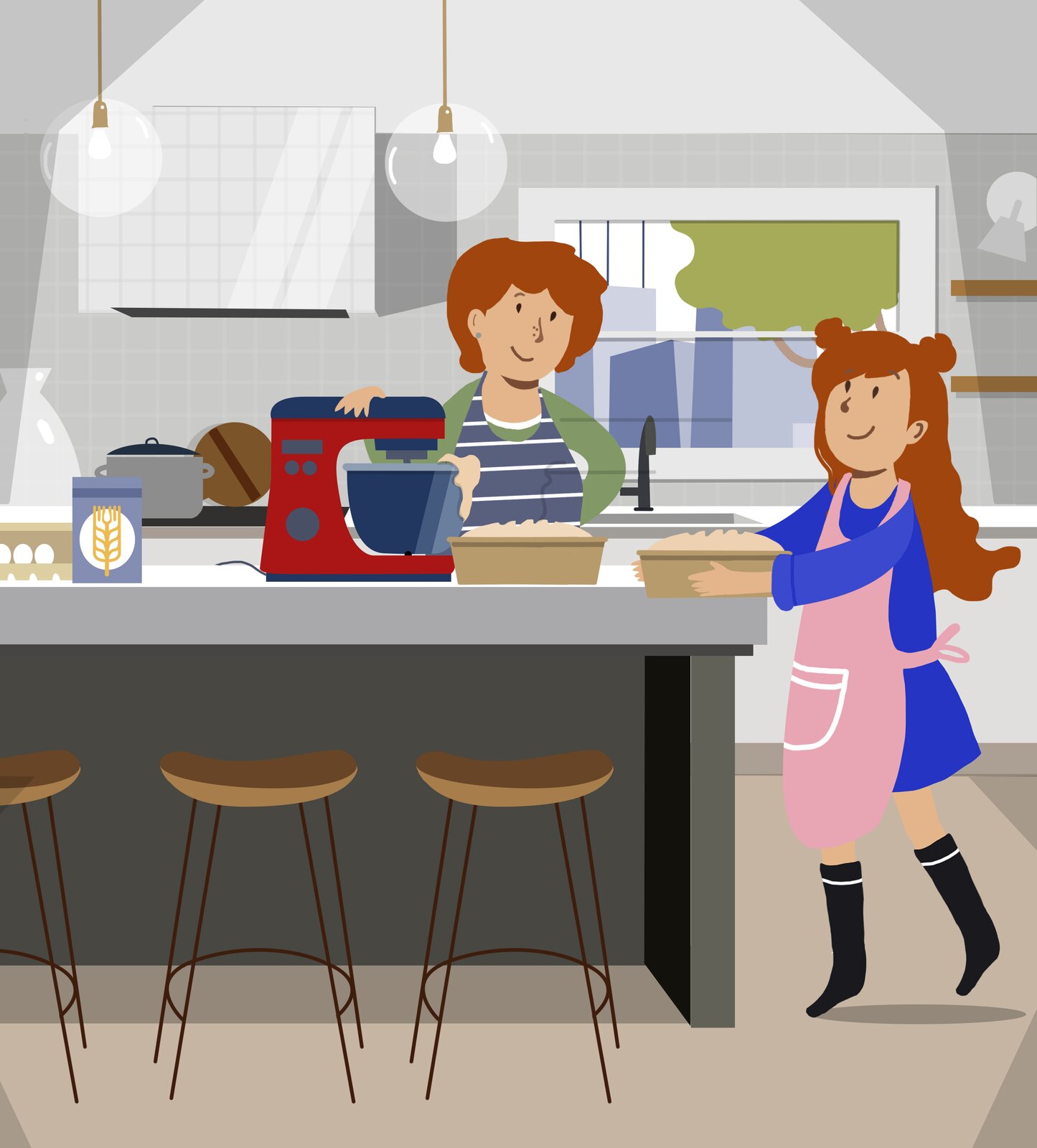 Ilustracja przedstawia matkę i córkę w kuchni. Matka stoi przy blacie i obsługuje maszynę miksującą. Obok maszyny stoją dwie formy z ciastem. Córka podnosi z blatu jedną z form. Obie postacie uśmiechają się do siebie.