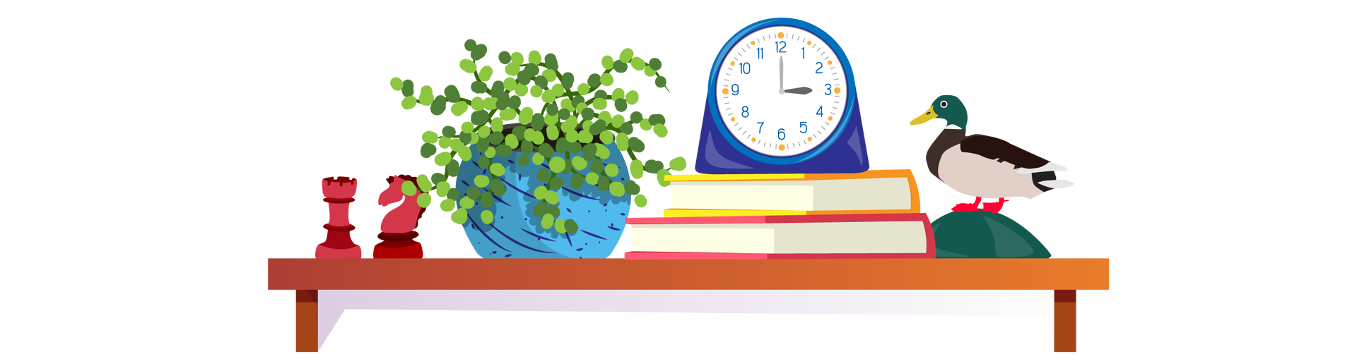 Ilustracja przedstawia brązową półkę, na której znajdują się różne przedmioty. Po lewej stronie stoją dwie ciemnoczerwone bierki szachowe: wieża i skoczek. Wieża przypomina kształtem wieżę zamku z zakończeniem w kształcie korony, a skoczek ma kształt głowy konia. Obok nich znajduje się zielona roślina w niebieskiej donicy. Na środku są dwie książki ułożone jedna na drugiej. Pierwsza ma pomarańczową okładkę, a druga czerwoną. Na książkach ustawiono granatowy zegar ze wskazówkami. Po prawej stronie stoi figurka kaczki krzyżówki. Jest to ptak, który ma ma zielone upierzenie na głowie, beżowe na brzuchu i ciemnobrązowe na skrzydłach i grzbiecie. 