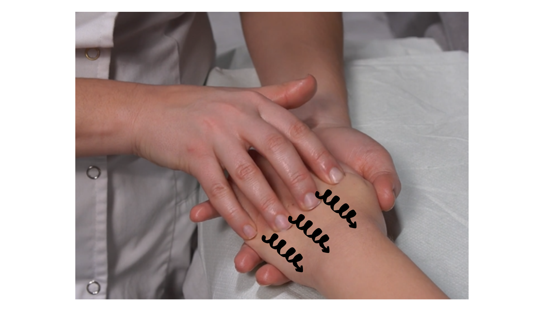 Zdjęcie przedstawia lewą rękę pacjenta leżącą na stole do masażu. Masażysta wykonuje ruch okrężny opuszkami palców na grzbiecie ręki pacjenta od strony palców w stronę nadgarstka. 