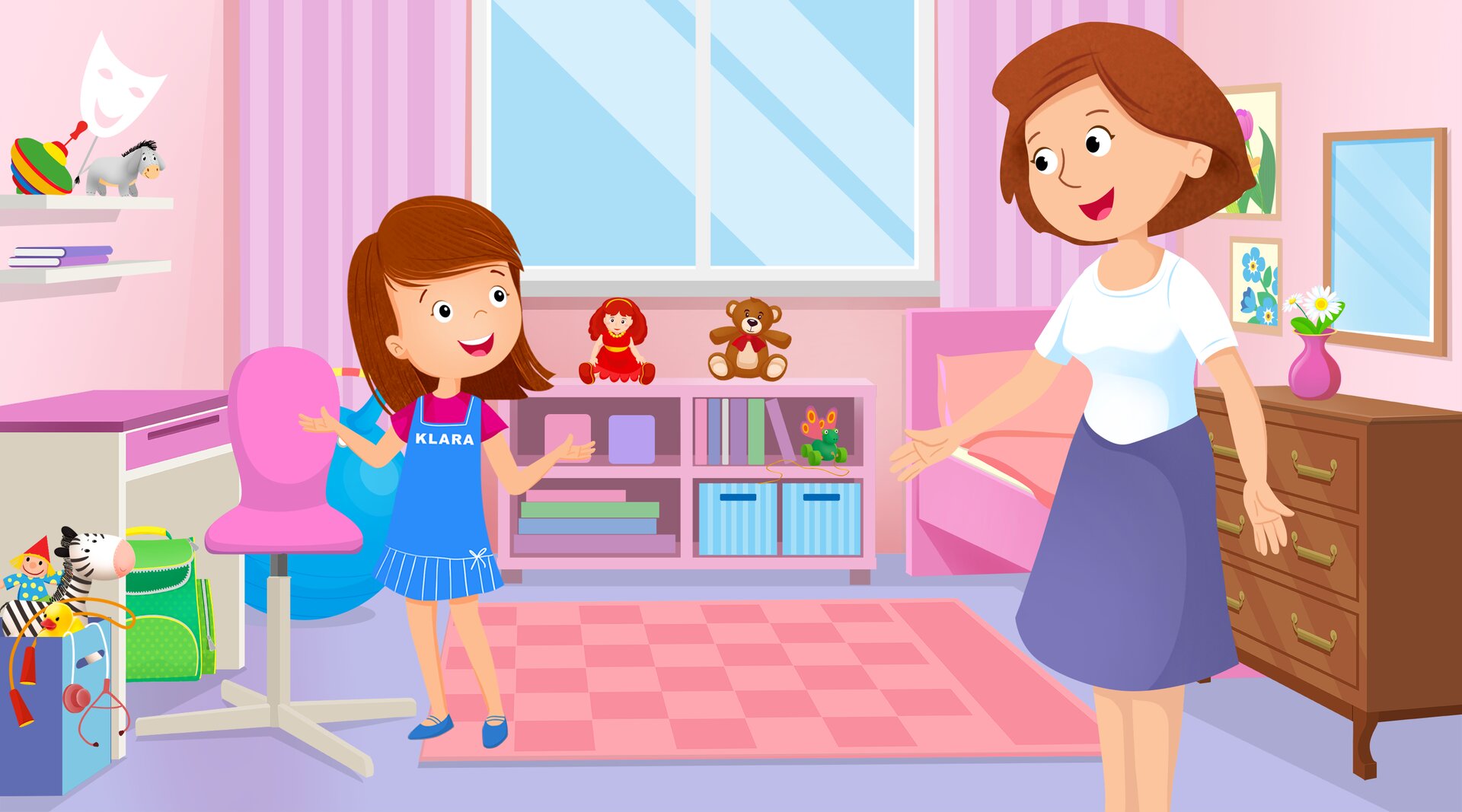 Ilustracja przedstawia pięknie posprzątany pokój, w którym Klara i jej mama z uśmiechem oceniają wykonane porządki.