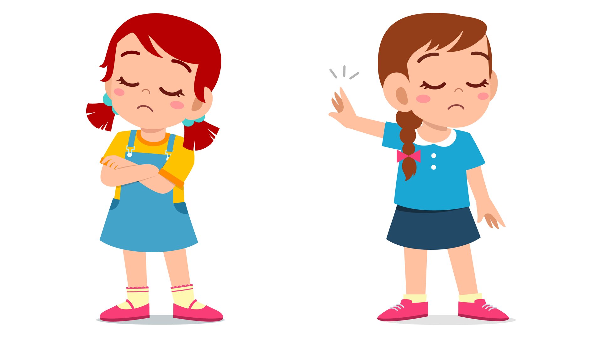 Grafika przedstawia dwie dziewczynki ustawione obok siebie, ale odwrócone od siebie. Po lewej stronie widoczna jest dziewczynka z czerwonymi włosami związanymi w kucyki, ubrana w żółtą bluzkę i niebieską sukienkę oraz żółte skarpetki i różowe buty. Dziewczynka ma głowę zwróconą w lewo, zamknięte oczy, ręce skrzyżowane na piersi, a kąciki ust skierowane w dół. Po prawej stronie widoczna jest dziewczynka z brązowymi włosami splecionymi w warkocz, ubrana w niebieską bluzkę i granatową spódnicę oraz żółte skarpetki i różowe buty. Dziewczynka ma głowę odwróconą w prawo, zamknięte oczy, lewą rękę opuszczoną wzdłuż tułowia, a prawą wyprostowaną w bok. Dłoń prawej ręki jest otwarta i ustawiona pionowo, w geście „stop".