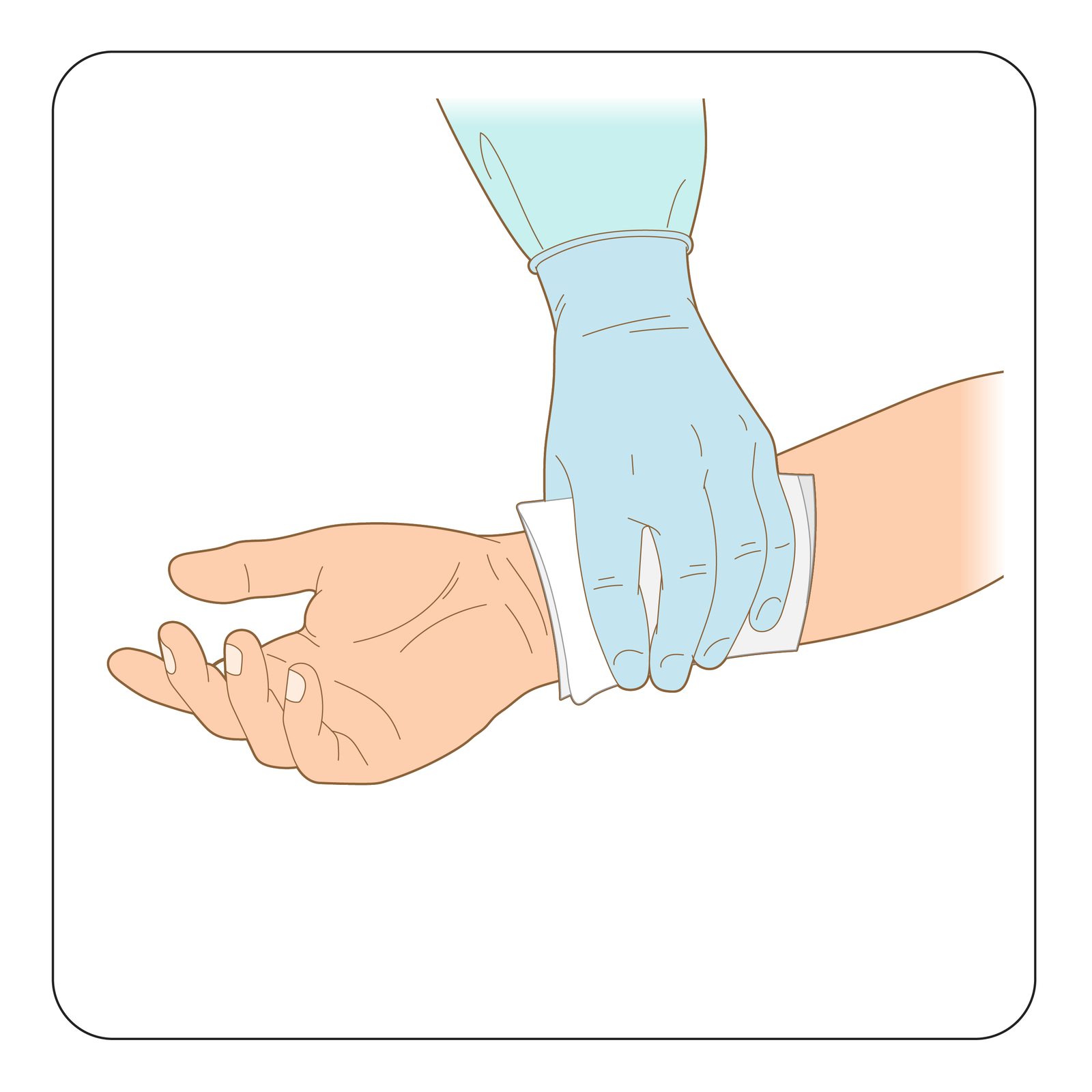 Ilustracja przedstawia sposób umieszczenia jałowej gazy na zranieniu. Prawa ręka skierowana w lewą stronę. Dłoń otwarta, wnętrzem skierowana w stronę obserwatora. Sanitariusz przykłada jałową gazę na miejsce zranienia powyżej nadgarstka. Dłoń sanitariusza w gumowej rękawicy ochronnej.