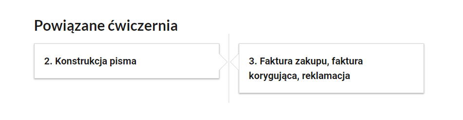 Widok na przykładowe przyciski ćwiczeń powiązanych. Z lewej strony znajduje się kafelek z numerem 2 i tytułem ćwiczenia: Konstrukcja pisma. Z prawej strony znajduje się kafelek z numerem 3 i tytułem ćwiczenia: Faktura zakupu, faktura korygująca, reklamacja.