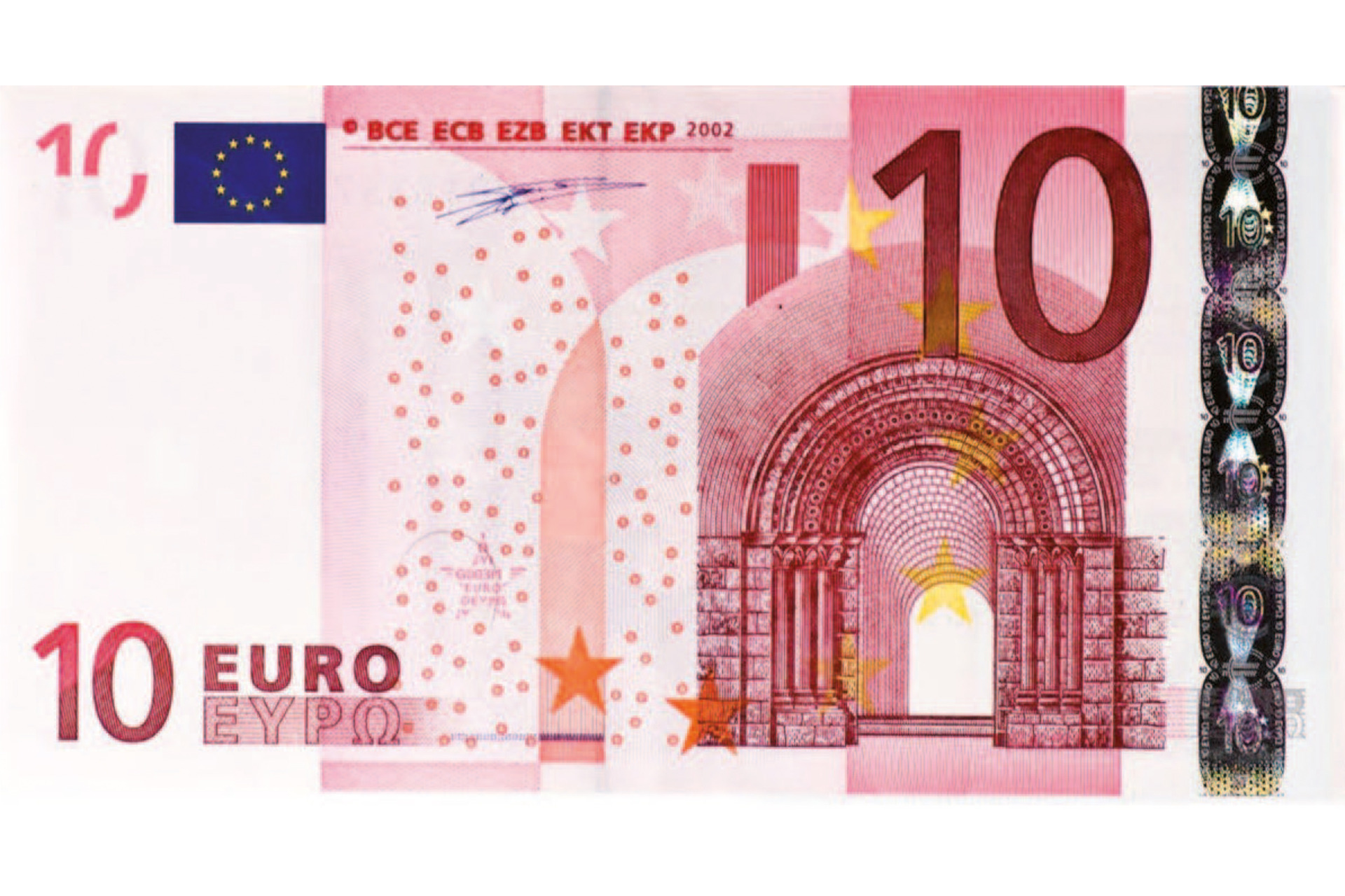 Ilustracja przedstawia banknot o nominale dziesięciu euro.