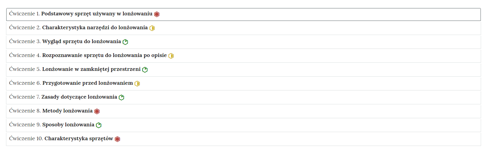 Grafika przedstawia widok ogólny harmonii z interaktywnymi materiałami sprawdzającymi. Widocznych jest dziesięć ćwiczeń z tytułami i poziomem trudności, ustawionych w harmonii.
