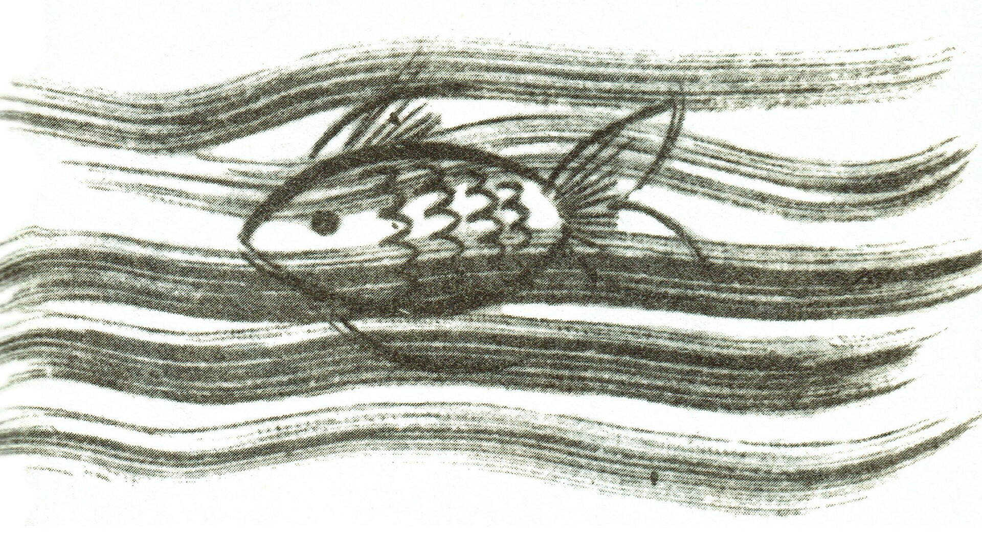 Ilustracja przedstawia pracę Adama Kiliana z książki Hanny Januszewskiej "Pyza na polskich dróżkach". Ukazuje rybkę pływającą w wodzie. Fale częściowo ją zakrywają.