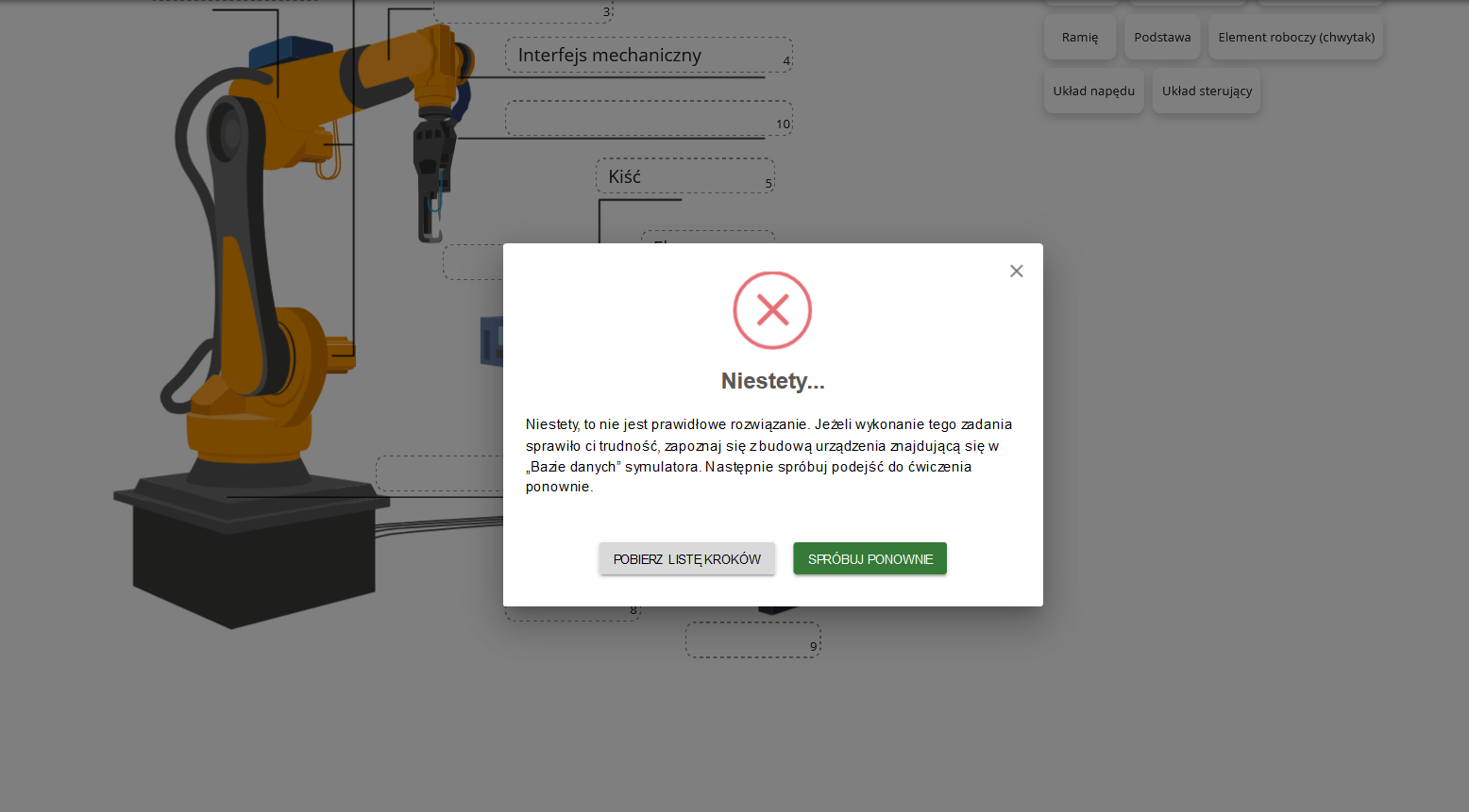 Ilustracja przedstawia planszę z informacją zwrotną na temat wykonanego ćwiczenia. Pod informacją o wyniku ćwiczenia znajdują się przyciski: Pobierz listę kroków oraz spróbuj ponownie.