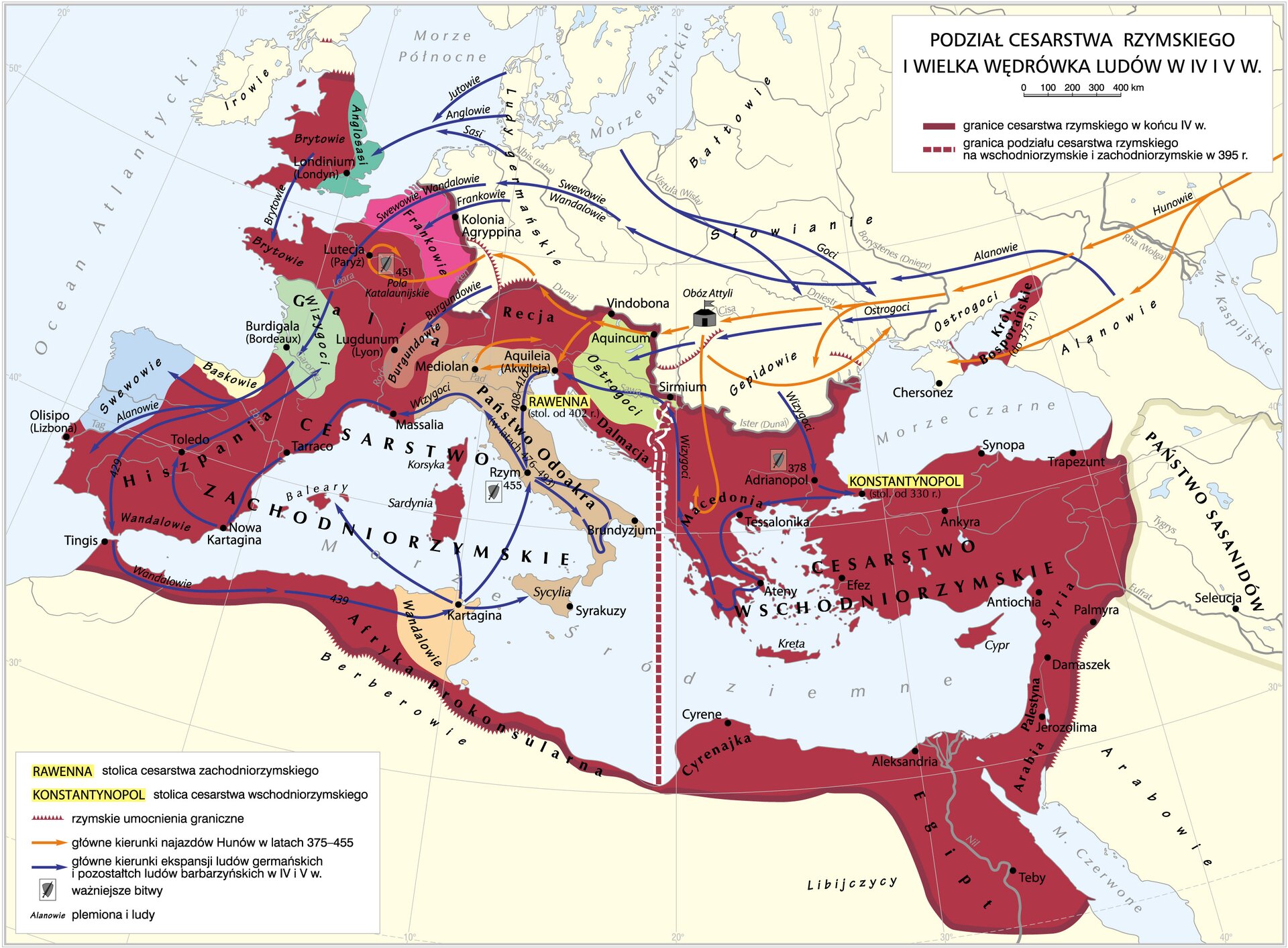 Mapa przedstawiająca wielką wędrówkę ludów. Kolorem ciemnoczerwonym oznaczono terytorium cesarstwa rzymskiego, obejmujące obszar dookoła basenu Morza Śródziemnego, Oceanu Atlantyckiego (Hiszpania i Francja) aż po Brytanię do linii Muru Hadriana. Liniami ze strzałką oznaczono kierunki wędrówki ludów. Niebieską linią w kierunku Europy Zachodniej i Brytanii, następnie Afryki Północnej, Italii i Półwyspu Bałkańskiego prowadzone są kierunki marszu następujących plemion: Alanów, Gotów, Ostrogotów, Wizygotów, Swewów, Wandalów, Anglów, Jutów, Sasów, Burgundów. Ziemie dawnego cesarstwa rzymskiego opanowały następujące plemiona: od zachodu - Swewowie, Baskowie, Wizygoci, Frankowie, Burgundowie, Wandalowie, Ostrogoci. Italię oznaczono beżowym kolorem jako "Państwo Odoakra". Namiotem czarnym w Europie Środkowej oznaczono obóz Attyli. Przerywaną, czerwoną linią oznaczono linię podziału na cesarstwo zachodniorzymskie i cesarstwo wschodniorzymskie. 