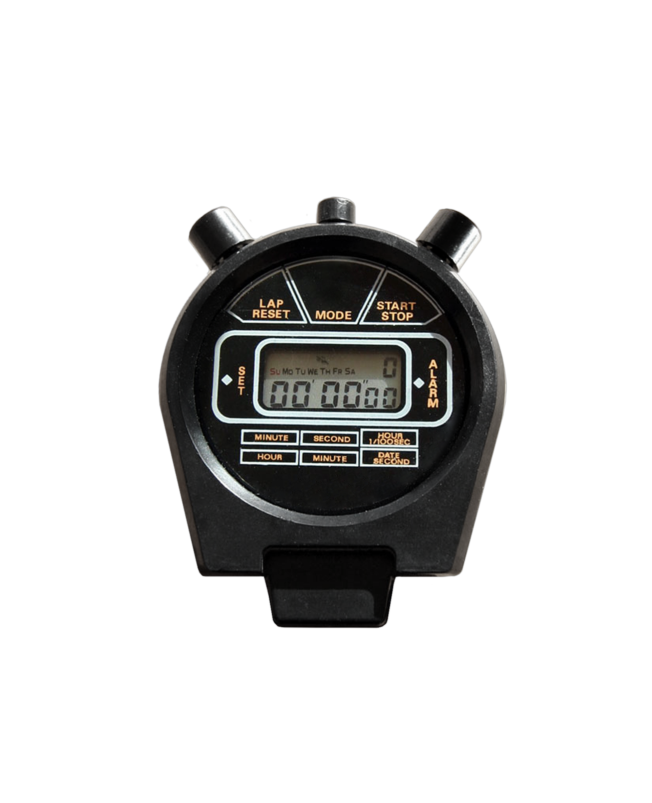 Fotografia przedstawia czarny stoper. Na okrągłej tarczy znajduje się prostokątny, brązowy, cyfrowy wyświetlacz. U góry stopera widać przyciski, które służą do jego obsługi.