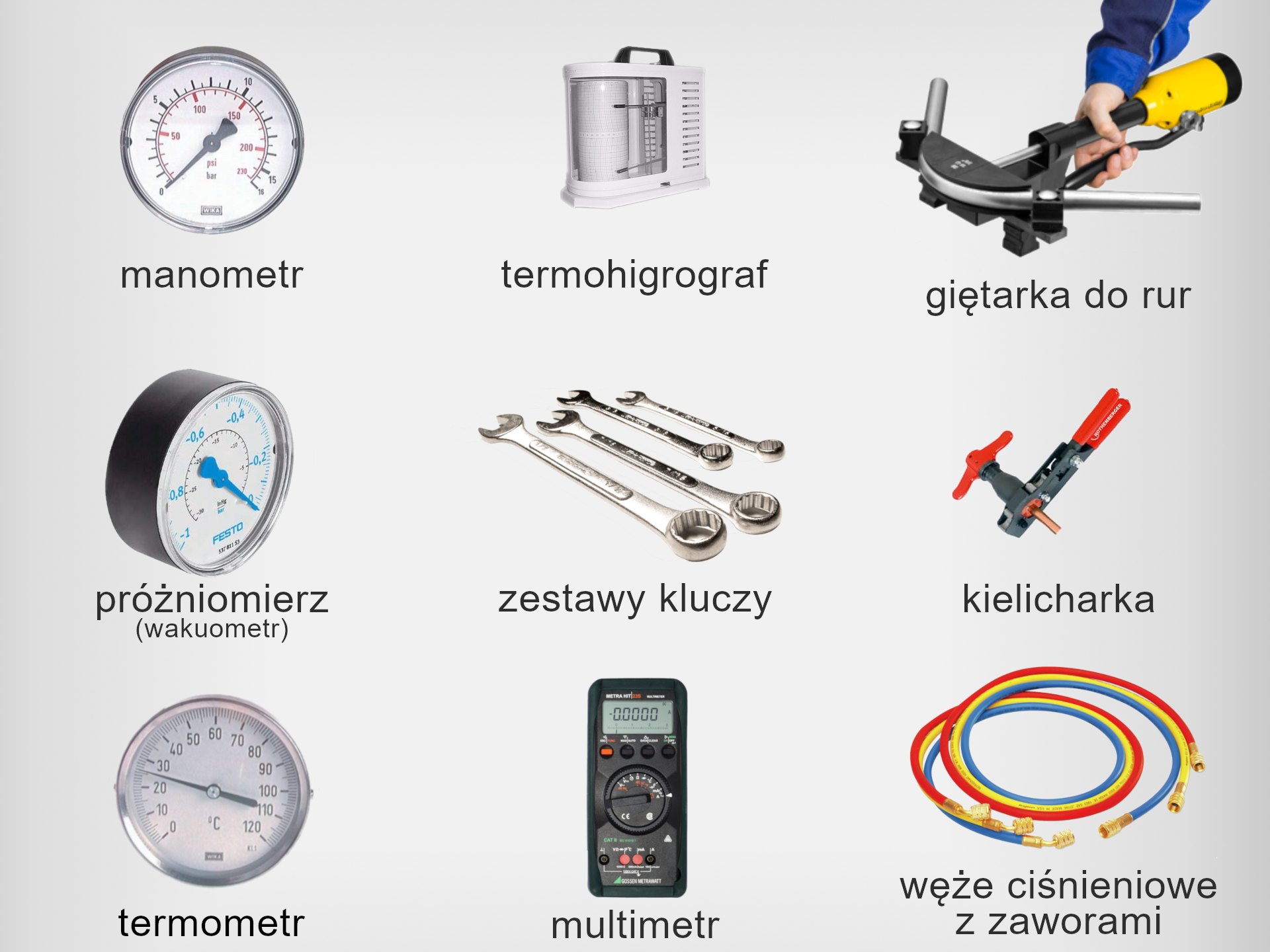 Widoczna plansza a na niej dziewięć zdjęć urządzeń pomiarowych stosowanych w montażu instalacji chłodniczej. Pierwszy od góry to manometr. Jest to okrągły zegar ze wskazówką do pomiaru ciśnienia wody i gazu. Kolejne urządzenie to termohigrograf. Wewnątrz obudowy zamontowano obrotowy walec z nawiniętymi papierowymi paskami  rejestracyjnymi. Widoczne są dwa pisaki w kształcie wskazówek rejestrujących poziom wilgotności i zapisujących dane na pasku. Następne narzędzie to  giętarka do rur. Na zdjęciu zaprezentowana jest męska dłoń trzymająca leżące narzędzie za rękojeść . Pod nią znajduje się uchwyt zaciskowy. Korpus górny tworzy element w kształcie sierpa z uchwytami stabilizującymi po obu stronach. Wewnątrz widoczna wygięta rurka. Kolejne zdjęcie prezentuje próżniomierz. Jest to przyrząd do pomiaru poziomu ciśnienia. Ma kształt okrągłego zegara. Wewnątrz na tarczy widoczna podziałka i wskazówka. Następne zdjęcie przedstawia kilka kluczy płaskich oczkowych w różnych rozmiarach. Kolejne narzędzie to kielicharka. Składa się ze stalowej wkładki . Na jej powierzchni widoczne są otwory. Każdy z nich ma inną średnicę. Nad wkładką zamontowany jest  korpus, który zakończony jest uchwytem. Kolejny przyrząd to termometr. Ma kształt okrągłego zegara. Na cyferblacie podziałka w stopniach Celsjusza oraz wskazówka . Multimetr to urządzenie w kształcie  prostopadłościanu. W górnej części korpusu widoczny jest ekran wyświetlacza. Poniżej okrągłe pokrętło pomiarowe z opisem funkcji. W dolnej części otwory ułożone szeregowo. Ostatnie zdjęcie przedstawia kilka kolorowych węży pomiarowych .Każdy z nich zakończony jest stalową złączką, a z drugiej strony okrągłym zaworem. 
