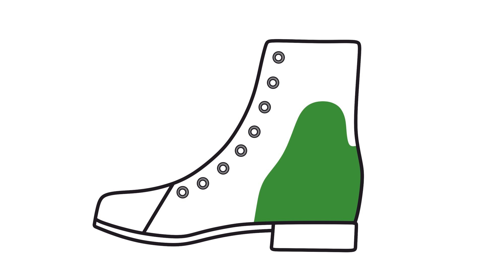 Grafika przedstawia but z wysoką cholewką i niskim obcasem oraz zaznaczoną zakładką na wysokości obejmującej staw skokowy.