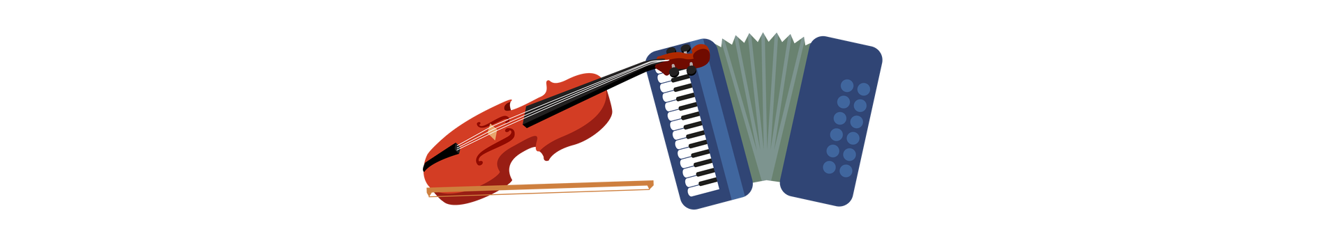 Ilustracja przedstawia dwa instrumenty ustawione obok siebie. Po lewej stronie są brązowe skrzypce ze smyczkiem. Po prawej stronie jest granatowo‑szary akordeon. Po lewej stronie akordeonu widać białe i czarne klawisze, a po prawej stronie niebieskie przyciski ułożone w dwóch rzędach.